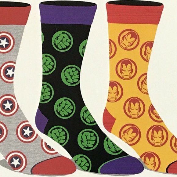 Mens MARVEL Superheroes Crew Socks 3 Pairs Shoe Size 8-12 Iron Man Hulk NIP - Picture 1 of 3